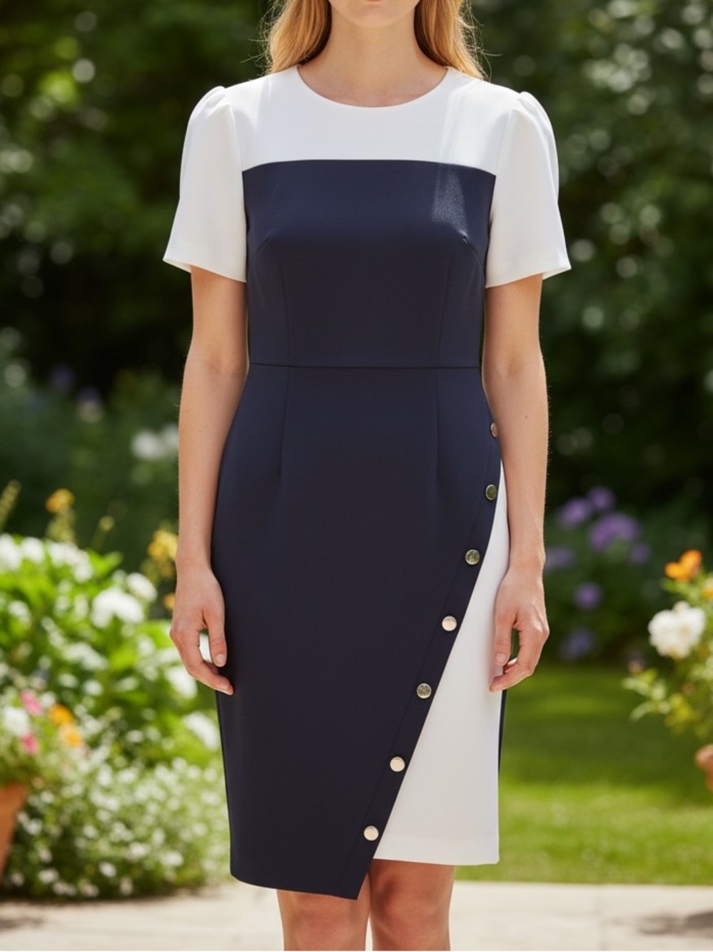 Tommy Hilfiger Navy and White Asymmetric Button Sheath Dress